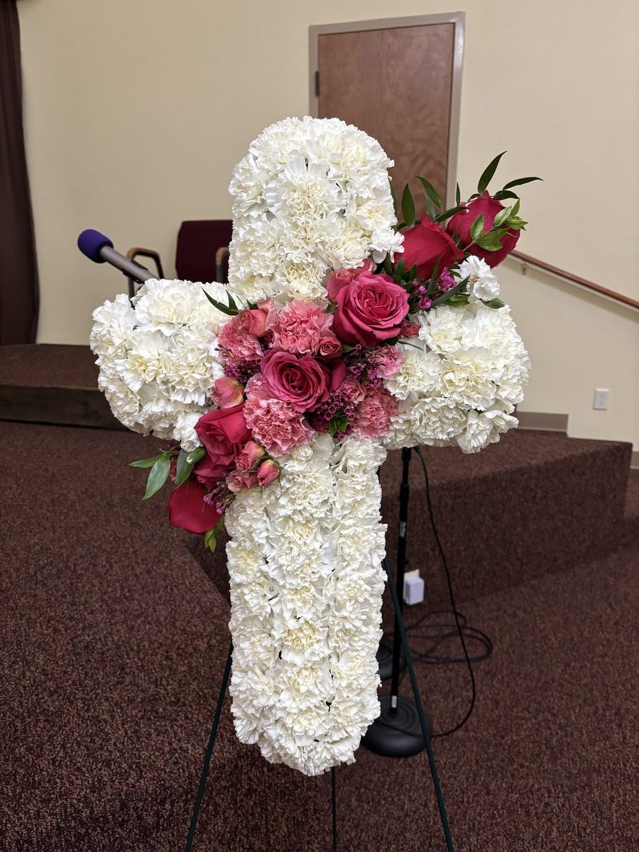24-Inch Carnation Cross - White carnation cross with pink roses and carnation accent