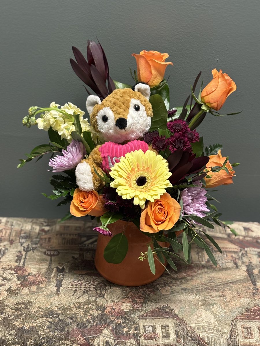 Designer's Choice with Stuffed Animal - Arrangement with a plush companion