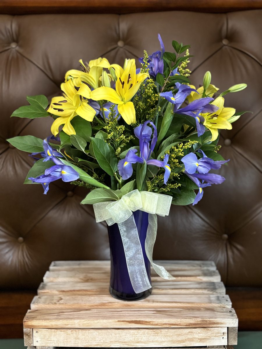 Sympathy Vase - Soft pastel roses and greenery in a glass vase